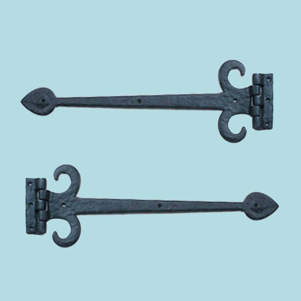 Black Wrought Iron Strap Hinge Fleur de Lis Style Gate and Door Hinges Set of 2