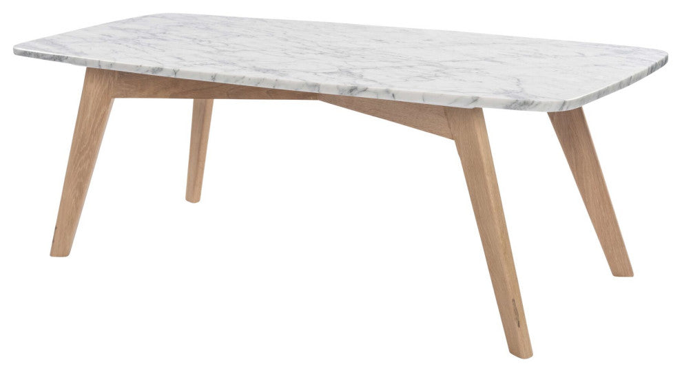 Faura 18" x 43.5" Rectangular Italian Carrara White Marble Table with Oak Legs