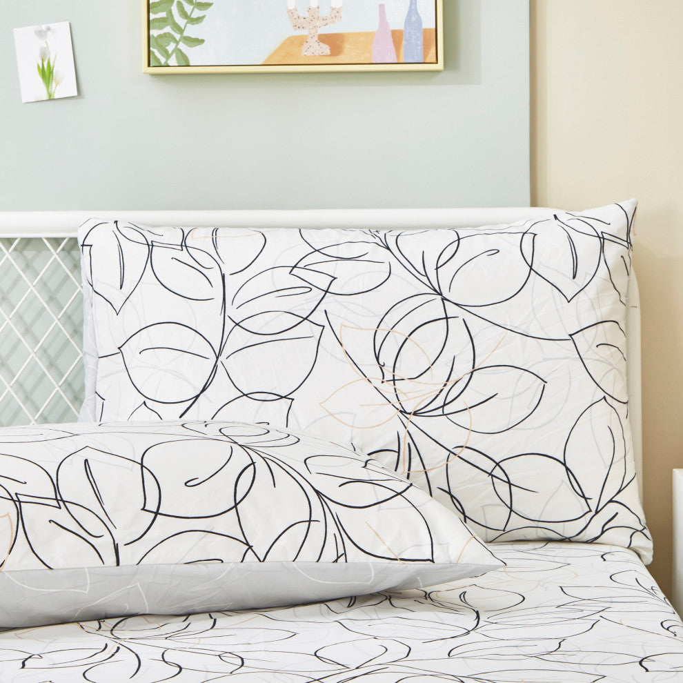 Tache Modern Leaf Foliage Abstract Floral White Grey Black Top Flat Sheet, King