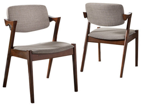 Elegant Dark Walnut Wood Gray Fabric Upholstered Dining Armchair, Set of 2
