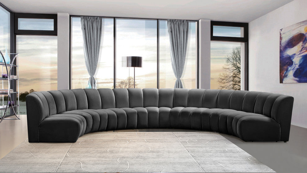 Infinity Channel Tufted Velvet Modular Chair, Gray, 7 Piece