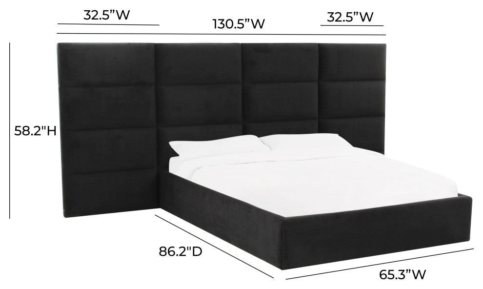 Eliana Black Velvet Queen Bed with Wings - Black