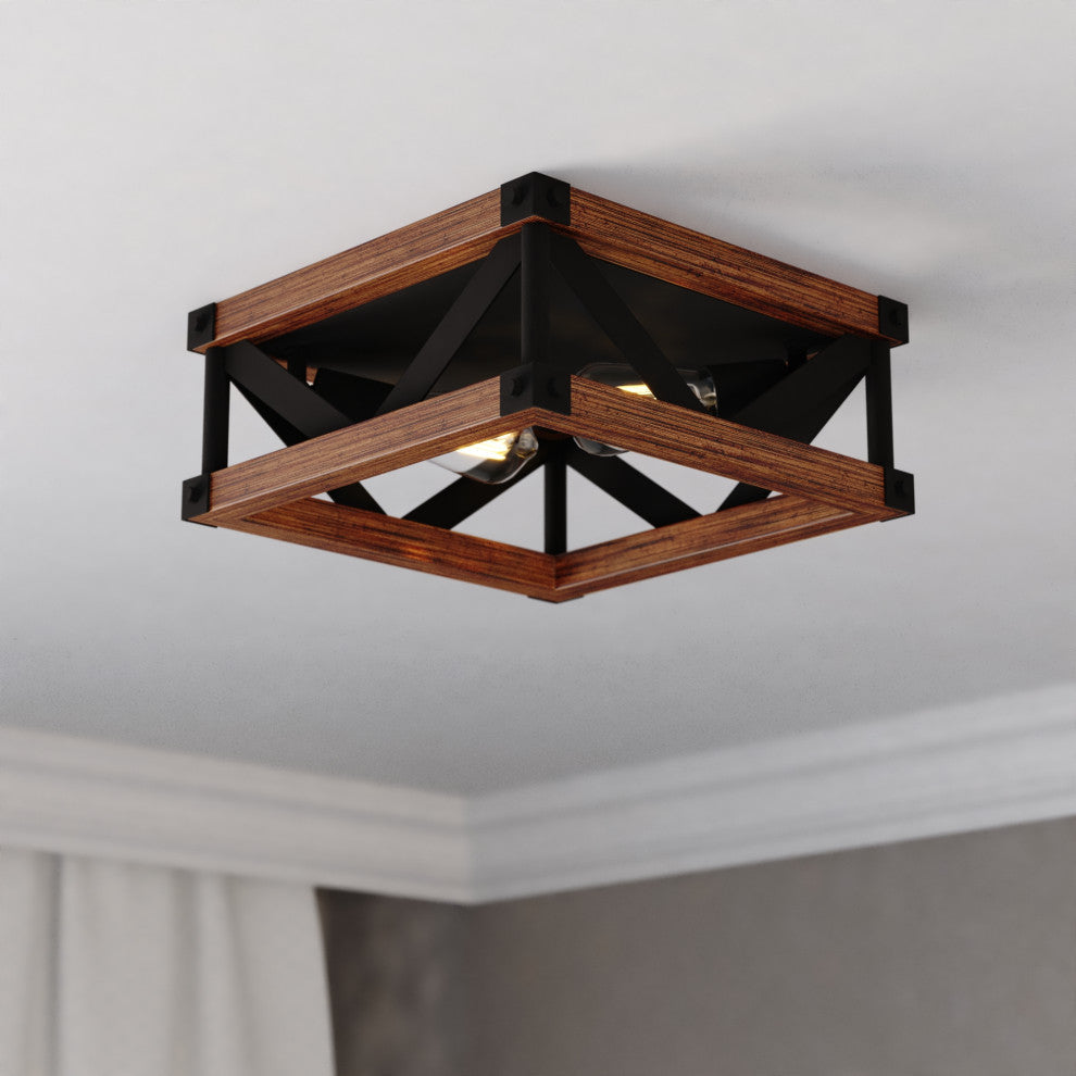 Wade 13" 2 Light Flush Mount Matte Black and Sycamore