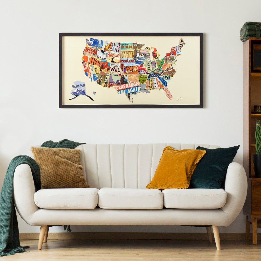 America Map Handmade Dimensional Collage Framed Graphic Wall Art Under Glass Art