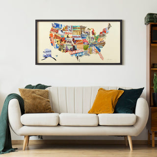 America Map Handmade Dimensional Collage Framed Graphic Wall Art Under Glass Art
