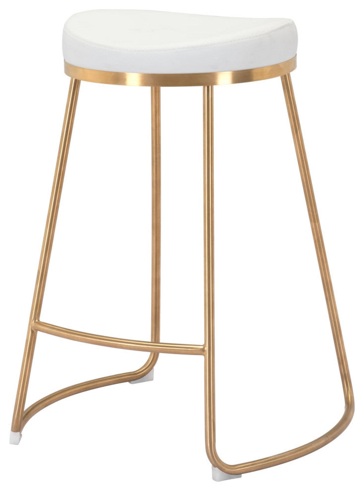 Counter Stool Chair, Set of 2, Faux Vinyl Leather, Steel, White, Gold, Cafe