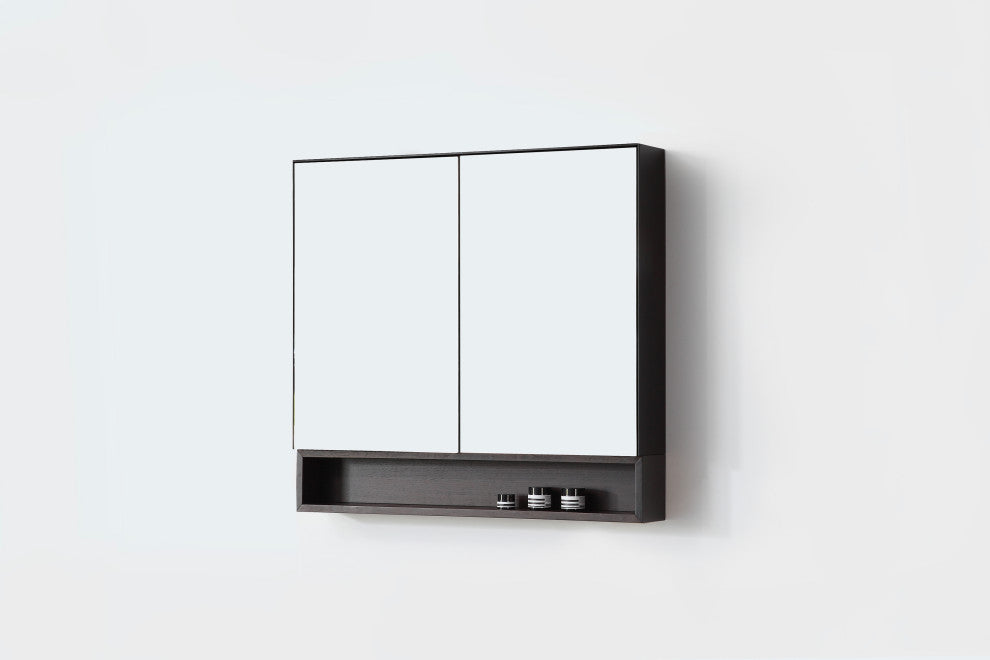 Bergen Modern Medicine Cabinet, Matte Black Frame, Dark Walnut Shelf, 36"