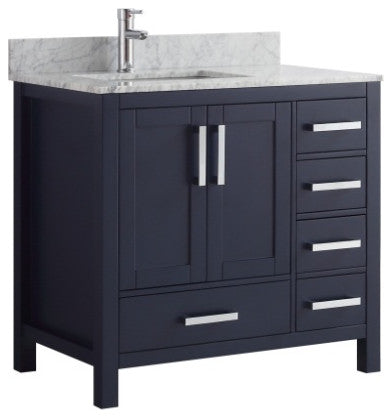 36" Navy Blue Single Vanity, Marble Top, Sink and No Mirror, Left Version