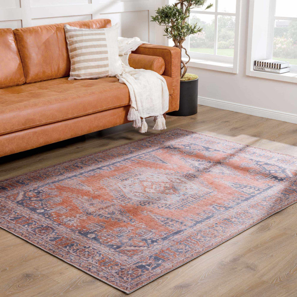Hauteloom Burnt Orange Taber Medallion Washable Area Rug, Blue, Burnt Orange, Pale Blue/Taber, 7'10"x10'2"