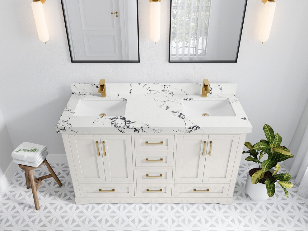 Boston 60" Double Bathroom Vanity in Alabaster 2" Viola Night