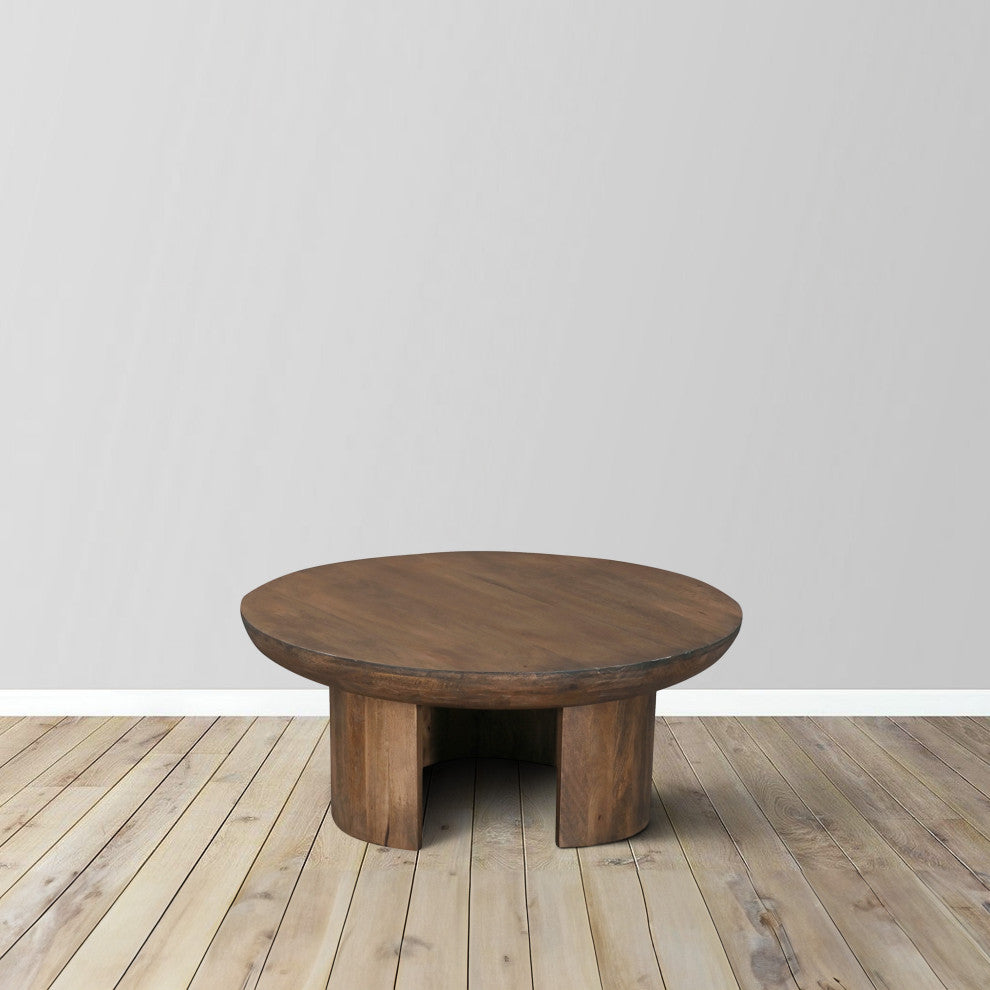 35" Coffee Table Round Mango Wood Top Curved Tripod Legs Walnut Brown Finish