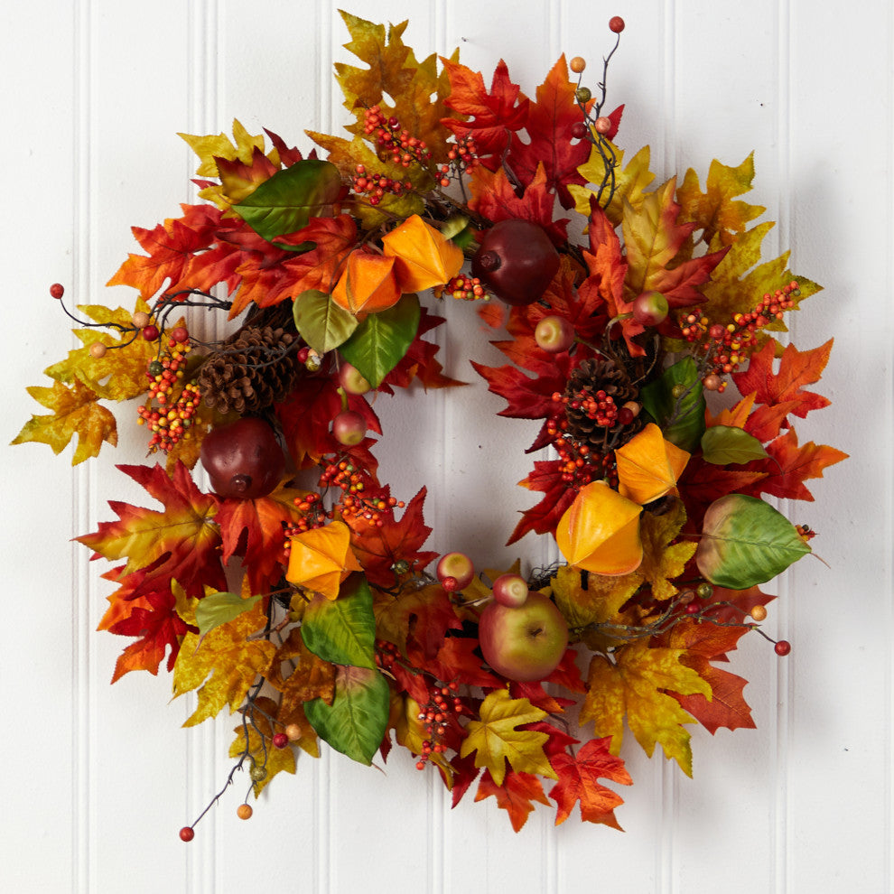 24" Autumn Maple Leaf and Berries Fall Artificial Wreath