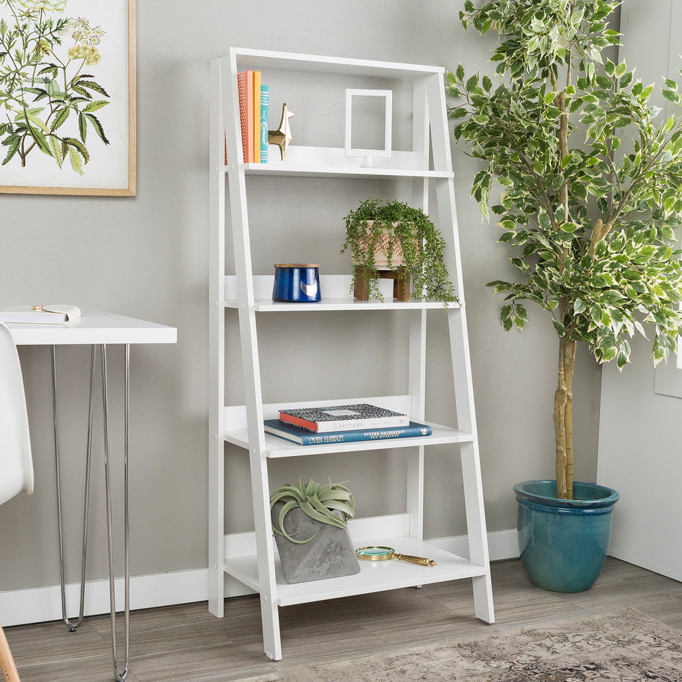 55" Wood Ladder Bookshelf, White