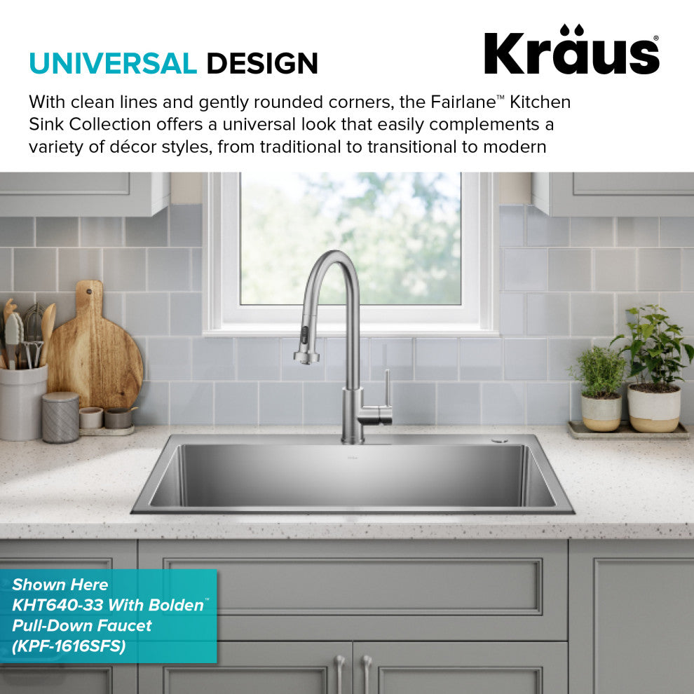 KRAUS Fairlane 25" Drop, / Top Mount 1-Bowl Stainless Steel Kitchen Sink