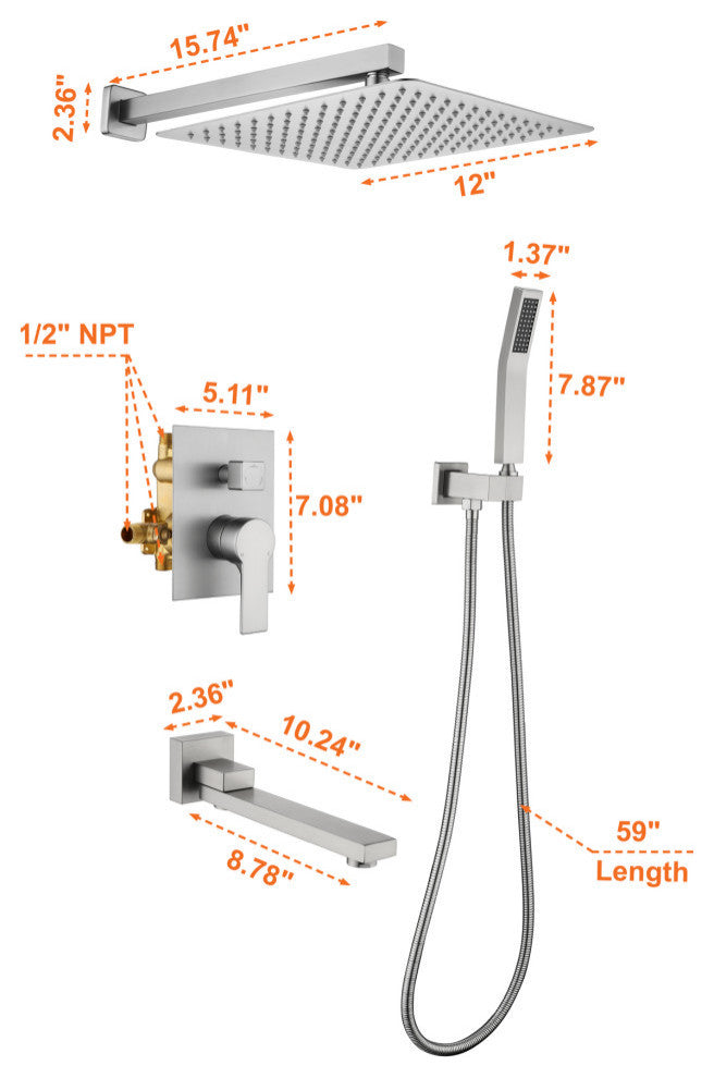 Wellfor Shower Faucet Set, Rain Shower Head, Handheld Shower and Tub Spout, Brushed Nickel, 12 Inch