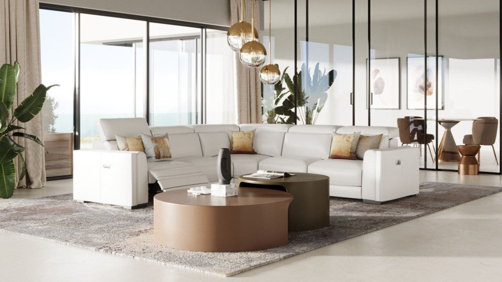 Frazier Modern White Leather Sectional Sofa With 3 Recliners
