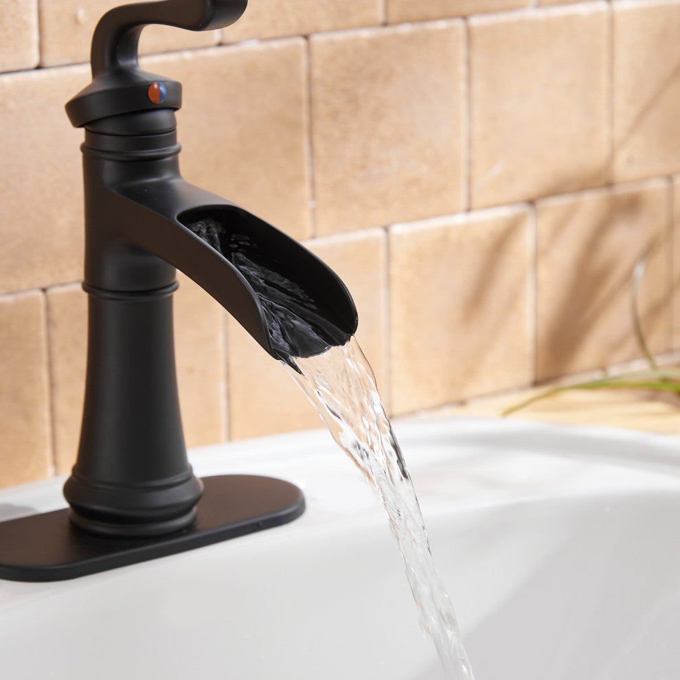 Waterfall Spout Bathroom Sink Faucet with Pop-up Drain, Matte Black