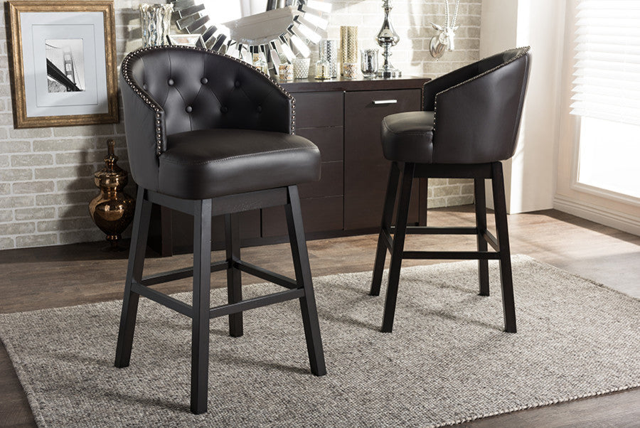 Avril Faux Leather Tufted Swivel Barstool With Nail Heads Trim, Set of 2, Brown