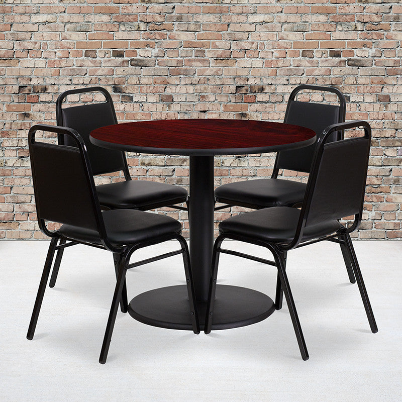 36'' Round Black Laminate Table Set W/4 Black Trapezoidal Back Banquet Chairs