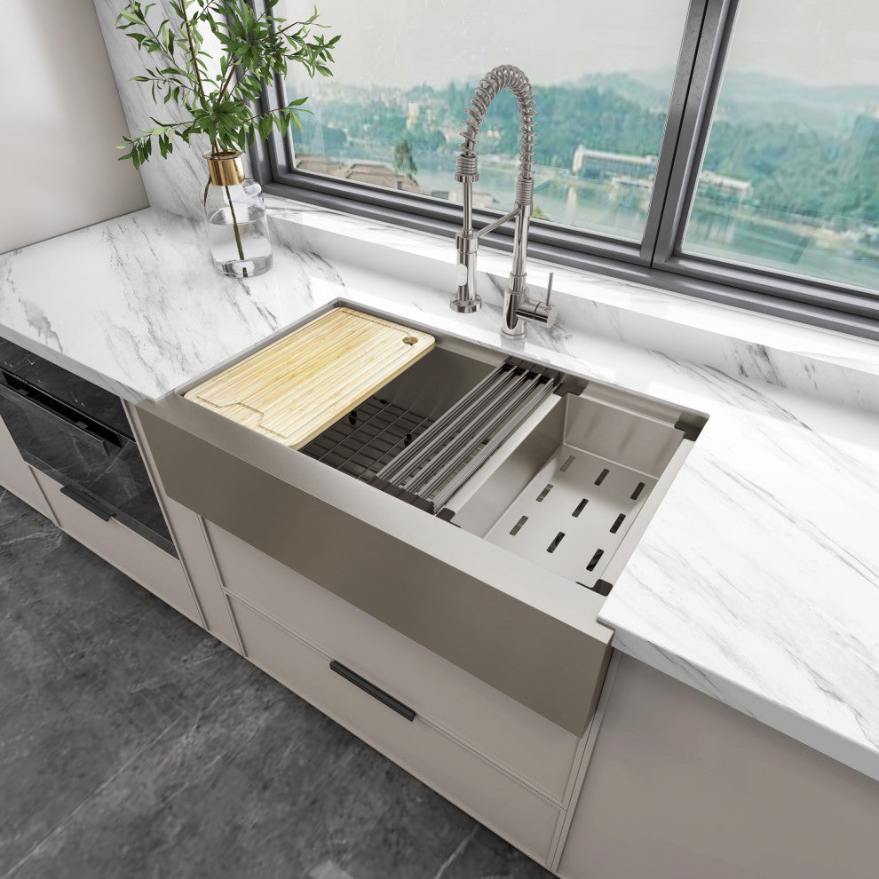 Sinber Single Bowl Kitchen Sink with 304 Stainless Steel Satin Finish, 33"x20" Workstation, Apron/Farmhouse