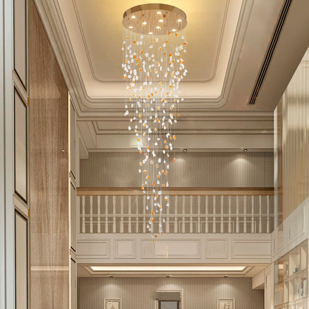 9-Light Brass Chandelier With Amber And Clear Glass Stones