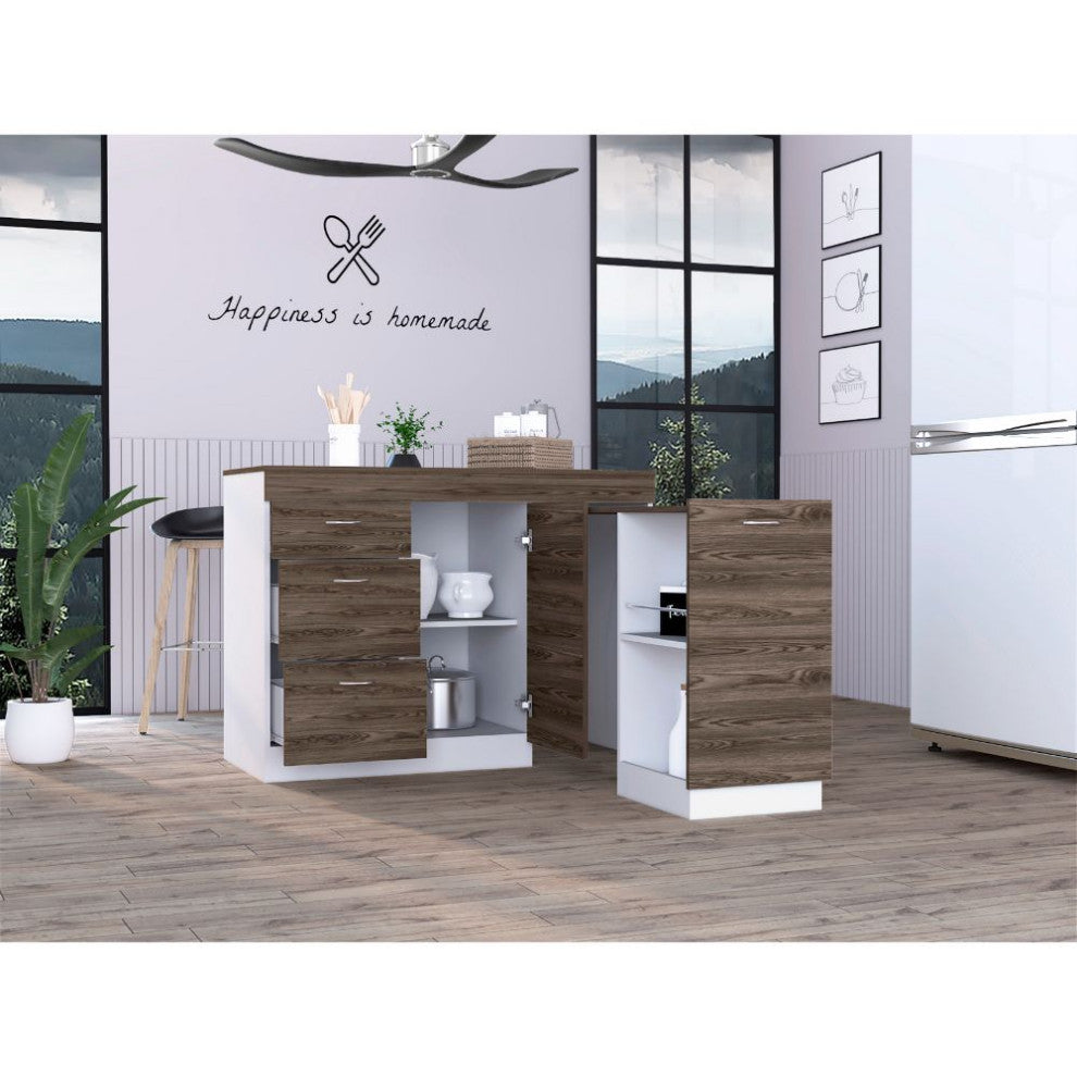 Joliet Base Cabinet with 3 Drawers and Flexible Cabinet, White/Dark Walnut