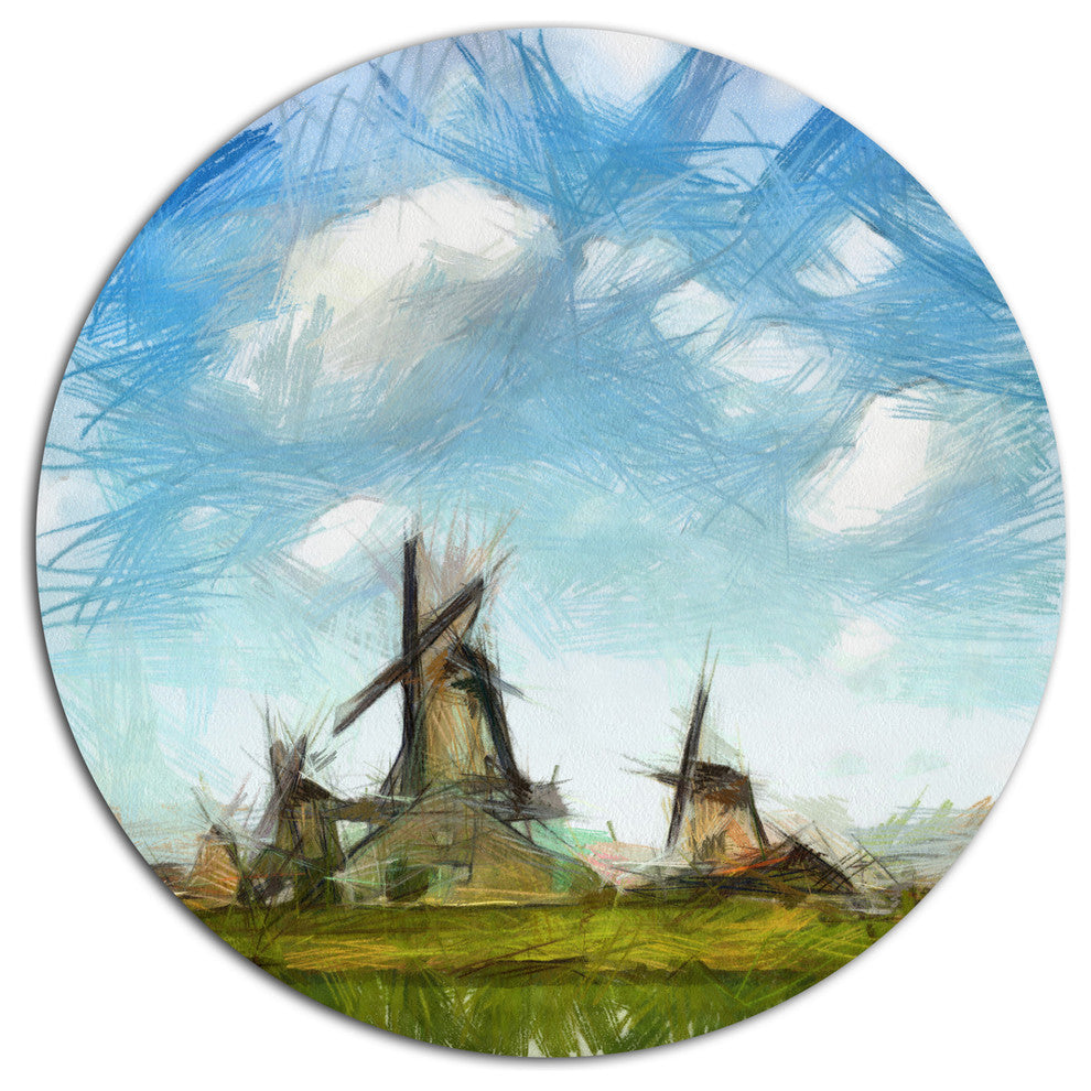 Watercolor Windmill In Netherlands, Landscape Disc Metal Wall Art, 11"
