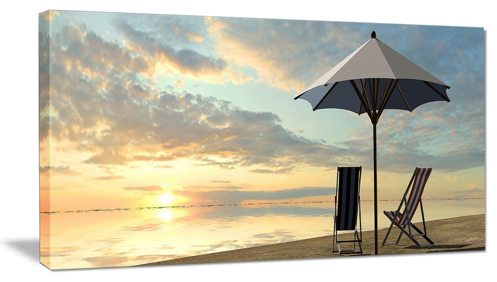 "Deck Chairs and Umbrella on Beach" Modern Seascape Canvas Artwork, 40"x20"