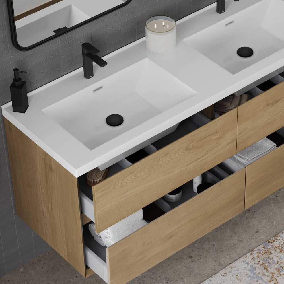The Daria Bathroom Vanity, White Oak, 60", Double Sink, Wall Mount