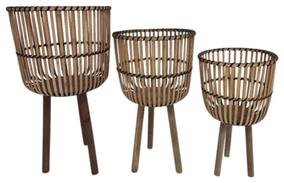 3-Piece Set Bamboo Footed Planters, Natural