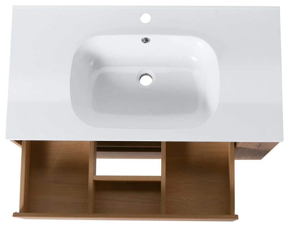 36" Plywood Wall Mounted Bath Vanity Set, Imitative Oak, Gel Basin
