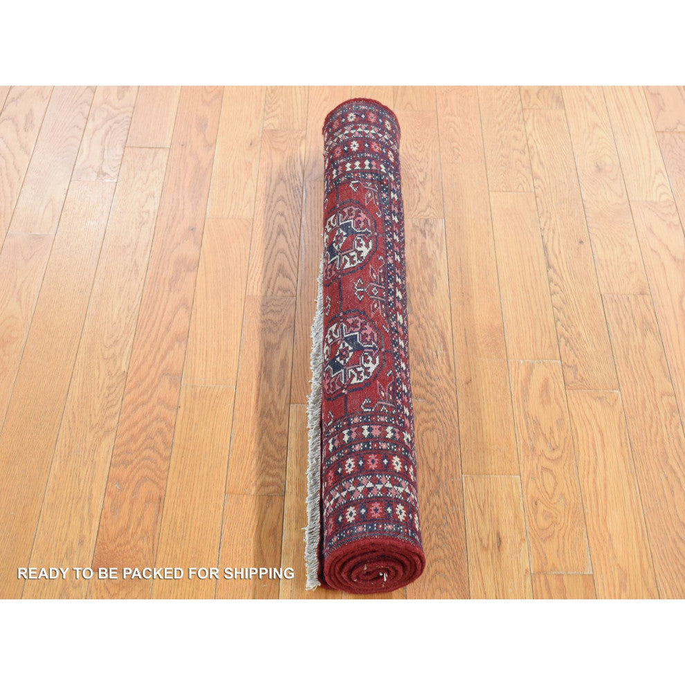 Red Old Turkeman Bokara Elephant Feet Medallions Hand Knotted Wool Rug 3'1"x5'4"