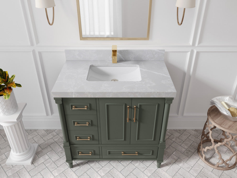Aberdeen 36 Center Sink Bath Vanity in Pewter Green 2" Pearl Gray