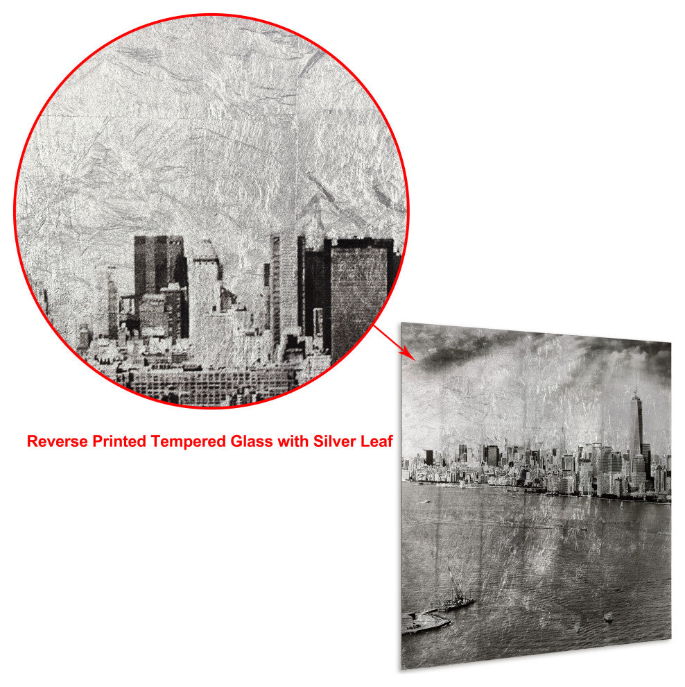 "New York Skyline B" Reverse Printed Tempered Glass With Silver Leaf