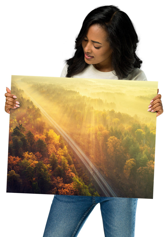 Sunrise Railroad Though Misty Forest Landscape Photo Loose Wall Art Prints, 16" X 20"