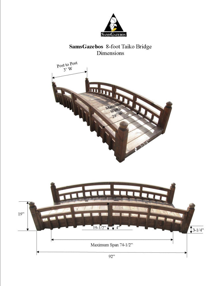 SamsGazebos Japanese Taiko Wood Garden Bridge With Finials 8 foot