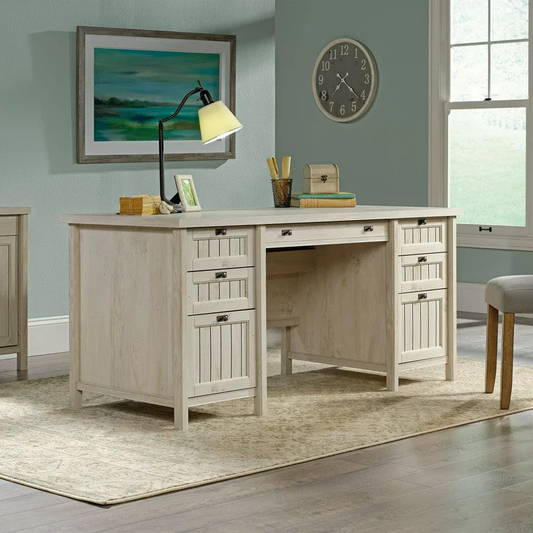 Cottage Desk, Drawers With Grooved Pulls & Metal Pull Handles, Chalked Chestnut