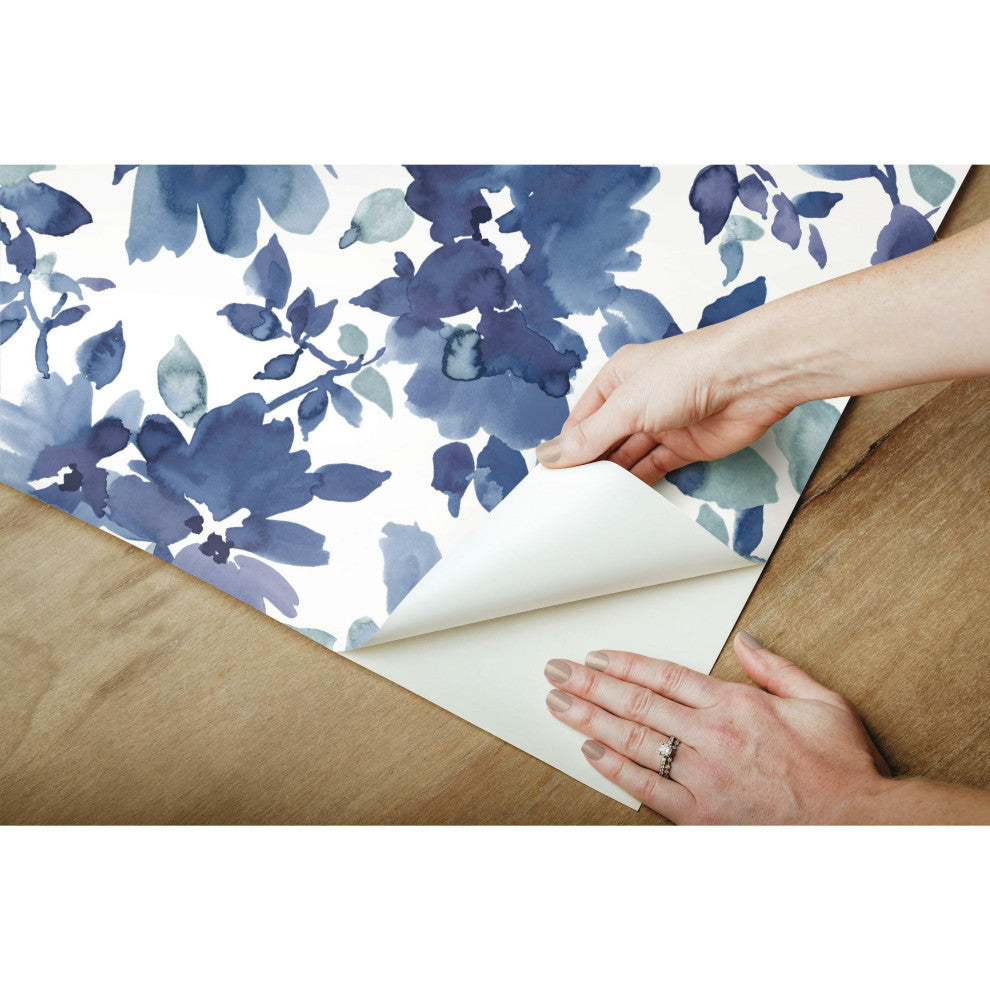 Watercolor Floral Peel and Stick Wallpaper, Blue and White
