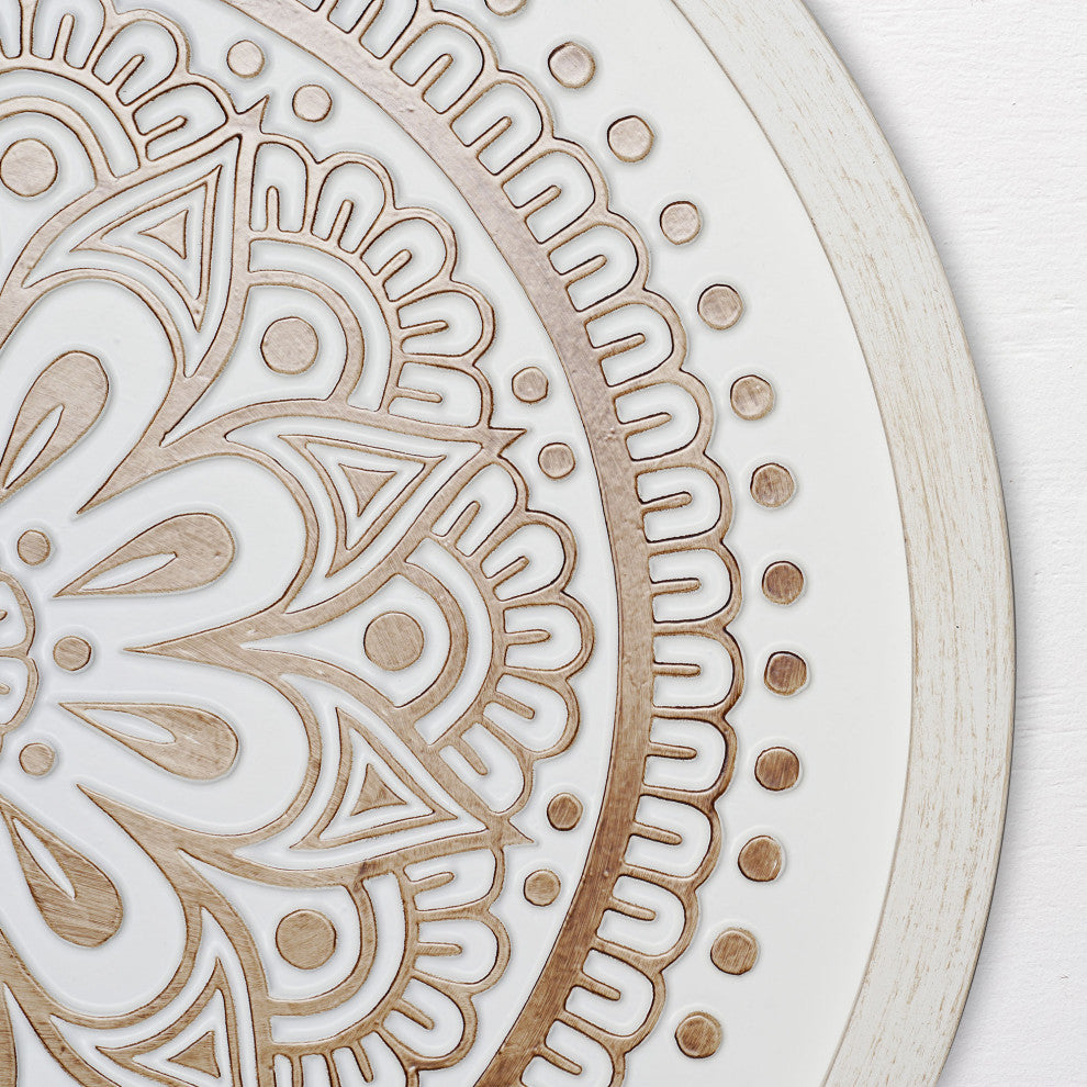 American Art Decor Boho Rustic Farmhouse Wood Framed Wall Medallion White, Brown
