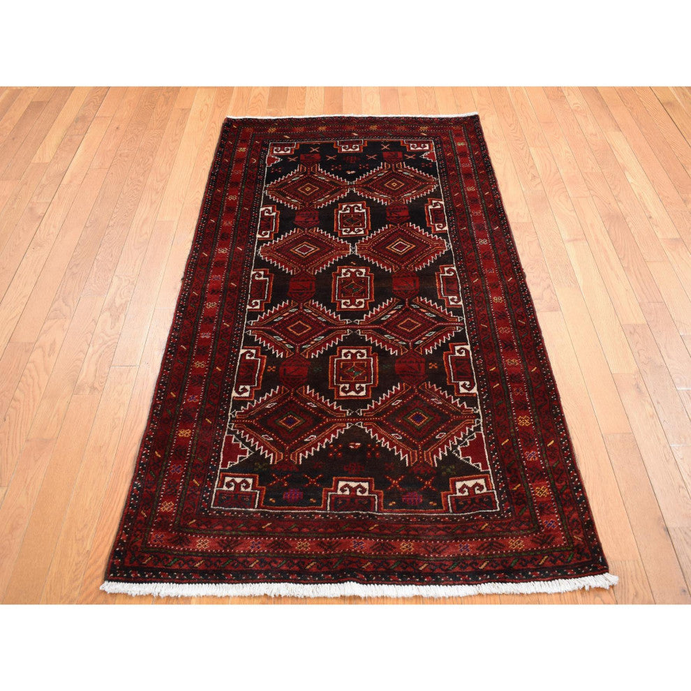 Chocolate Brown Vintage Persian Baluch Pure Wool Hand Knotted Rug 3'7" x 6'5"