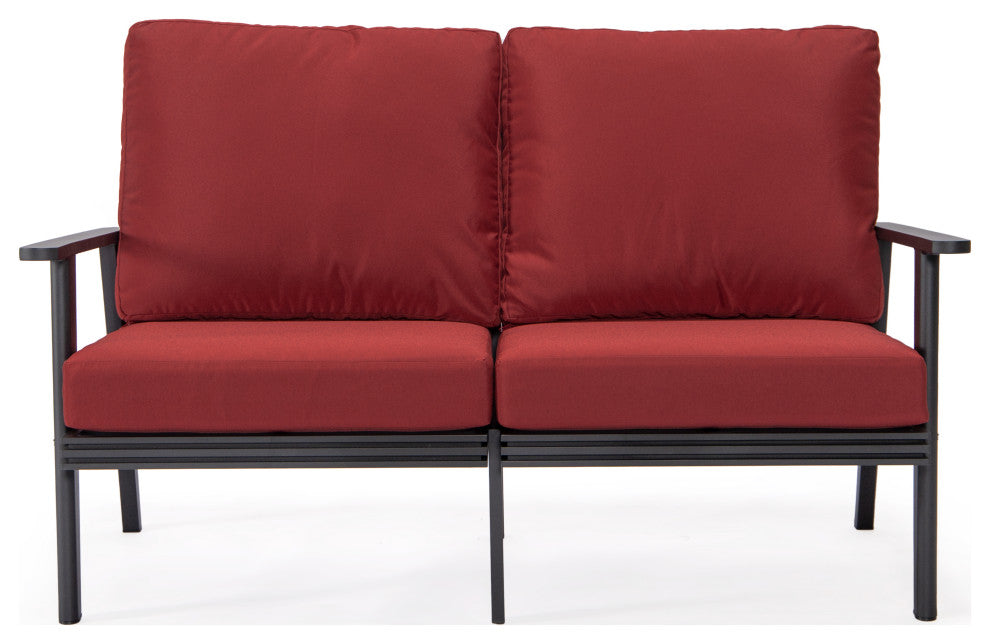 Leisuremod Walbrooke Patio Loveseat With Black Aluminum Frame, Red