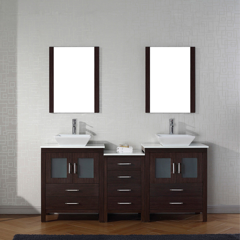 74" Double Bathroom Vanity, Espresso, White Stone, Brushed Nickel