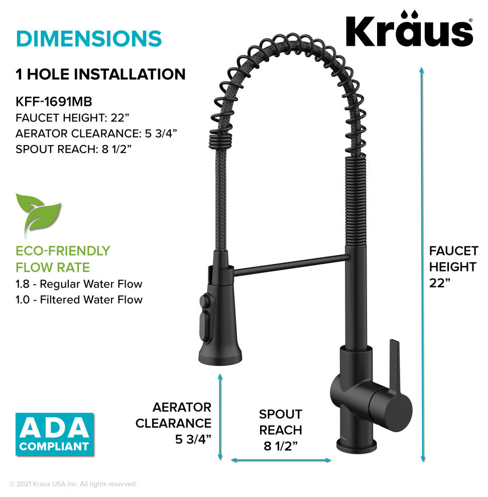 Britt Commercial Style 3-Function Pull-Down 1-Handle 1-Hole Kitchen Faucet, Matte Black (Filter Kff-1691mb)