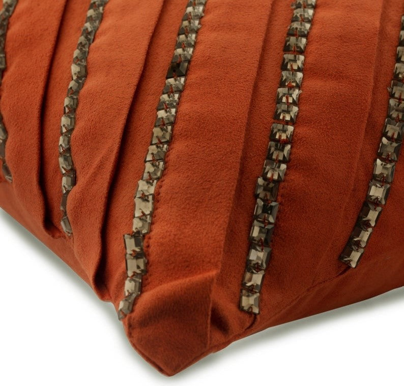 Pleated Crystal Embroidered Orange Suede 16"x16" Pillow Cover, Crystal Rust