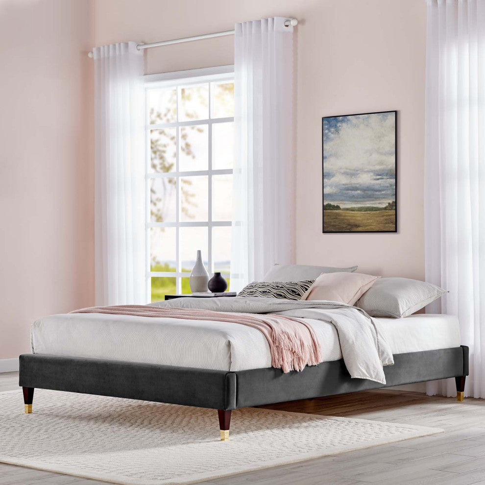 Platform Bed Frame, Twin Size, Velvet, Dark Grey Gray, Modern Contemporary