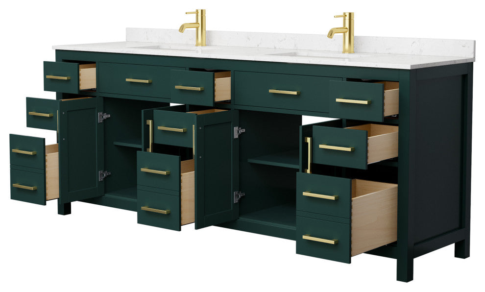 84"DBL Bathroom Vanity Green, Carrara Cult. Marble Countertop, Sinks, Gold Trim