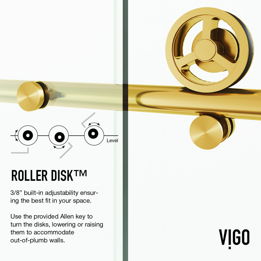 VIGO Elan Cass Aerodynamic 68" to 72" W x 76" H Frameless Sliding Shower Door, Matte Brushed Gold, Clear Glass