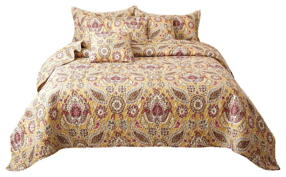 Gold Royal Medallion Floral Paisley Damask Quilt, King