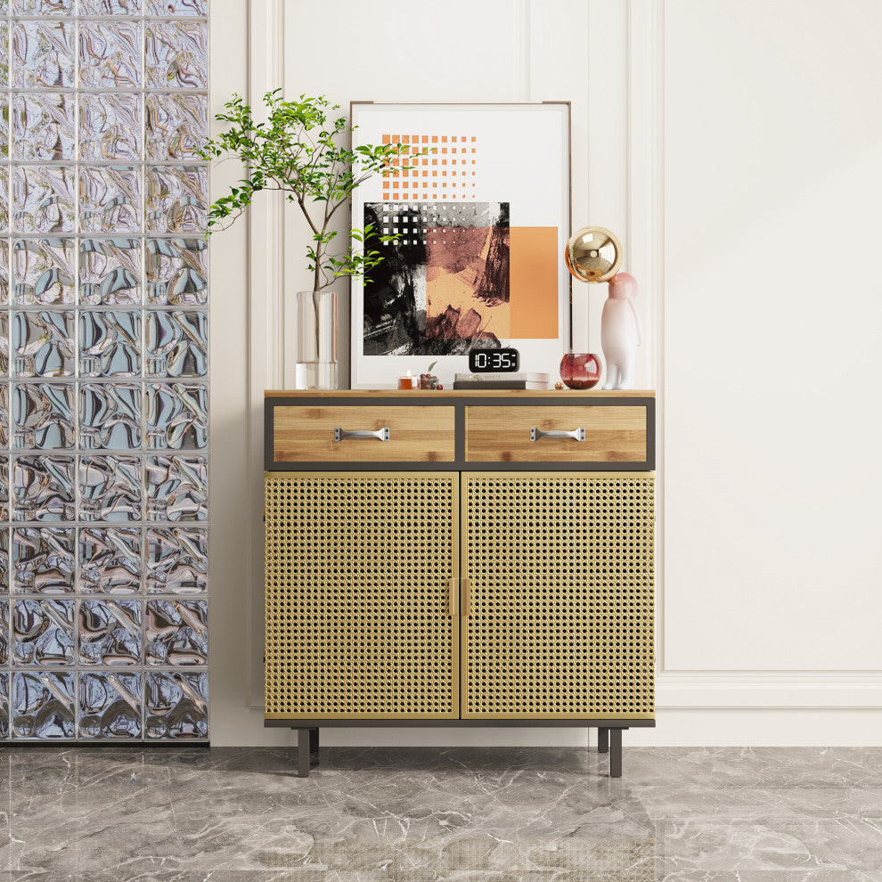 32" Tall Metal 2-door Accent Cabinet with 2-drawer, Gold