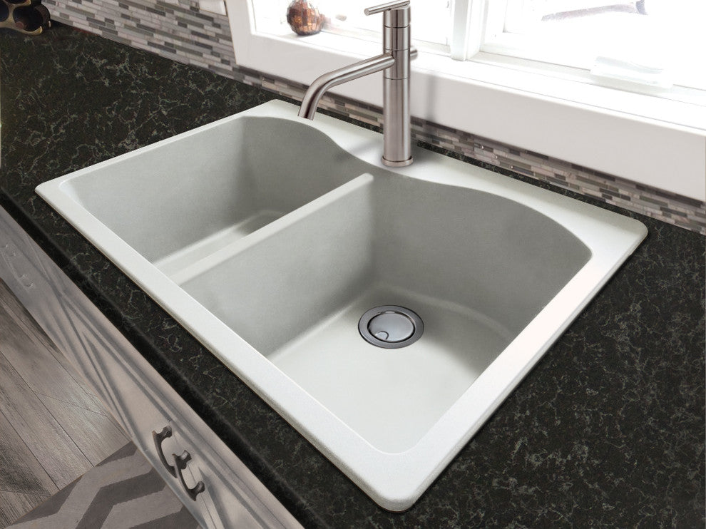 Transolid Aversa 33"x22" silQ Granite Drop-in Double Bowl Kitchen Sink, White